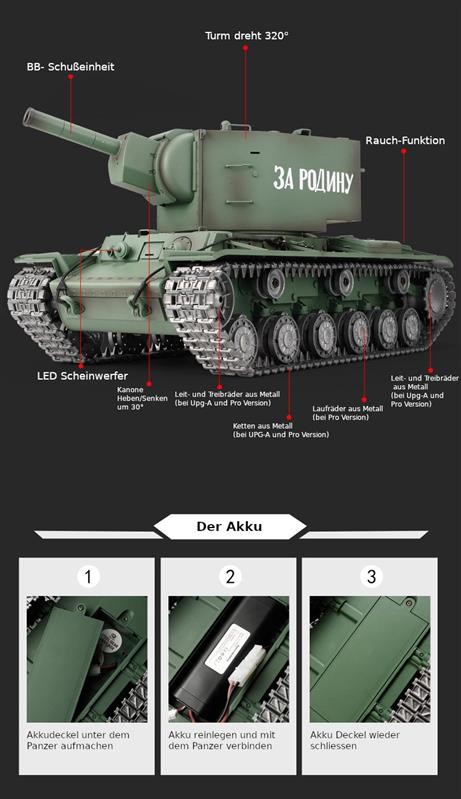 RC Panzer "Russicher KV-2" Heng Long 1:16 mit R&S, Metallgetriebe (Stahl) – Bild 5
