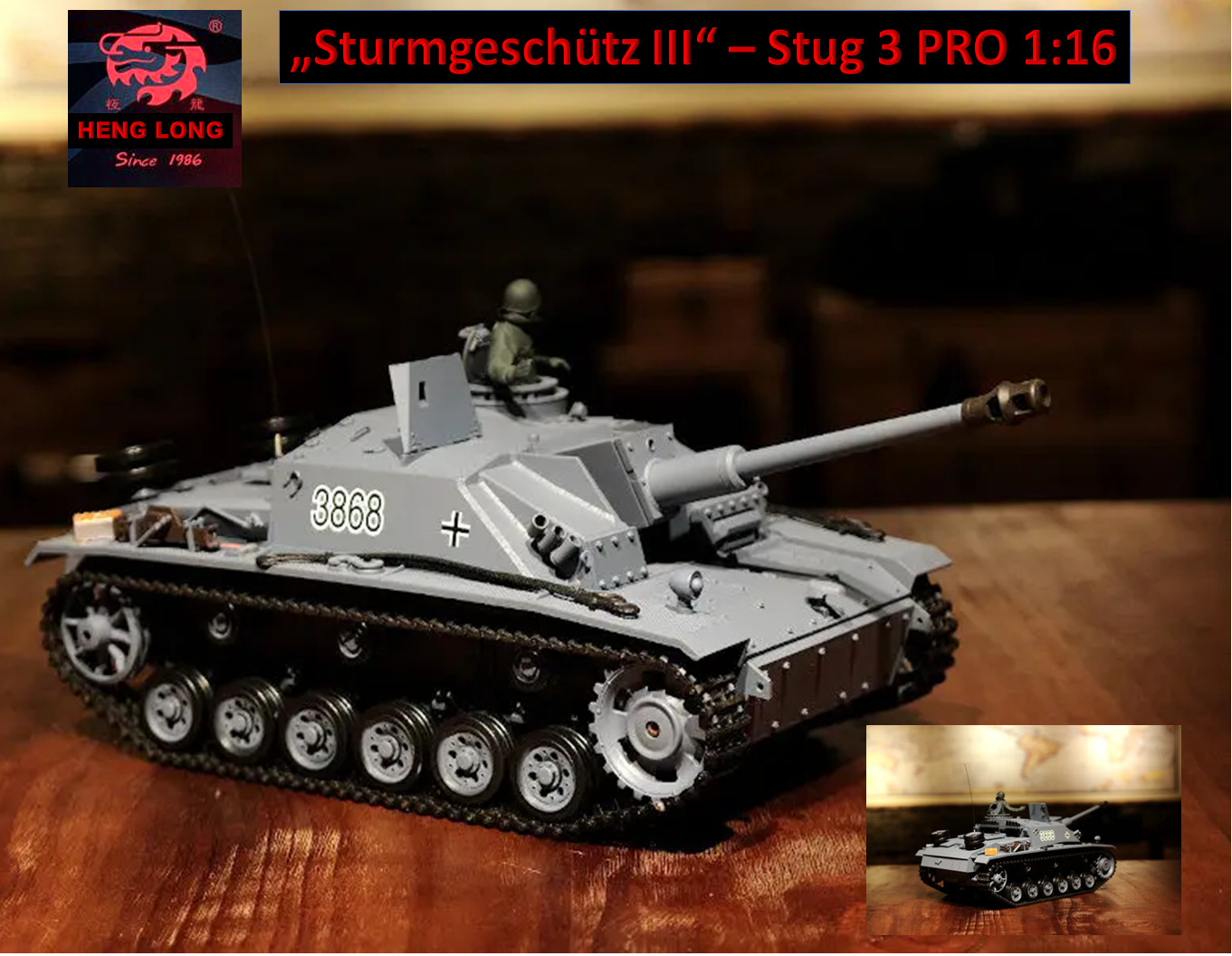 RC Panzer "Sturmgeschütz III" - Stug 3 Heng Long 1:16 Grau, Rauch & Sound, Metall